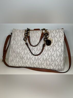 Michael Kors Cream Signature MK Logo Tote with Brown Leather Trim